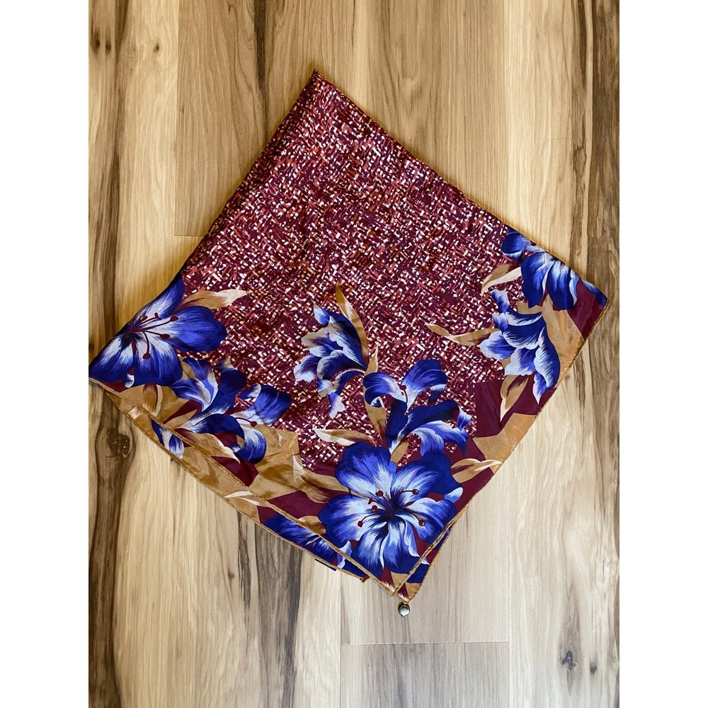 Honey Silk Scarf Japan Blue Lily Floral Burgundy Gold Square Neck Head Wrap